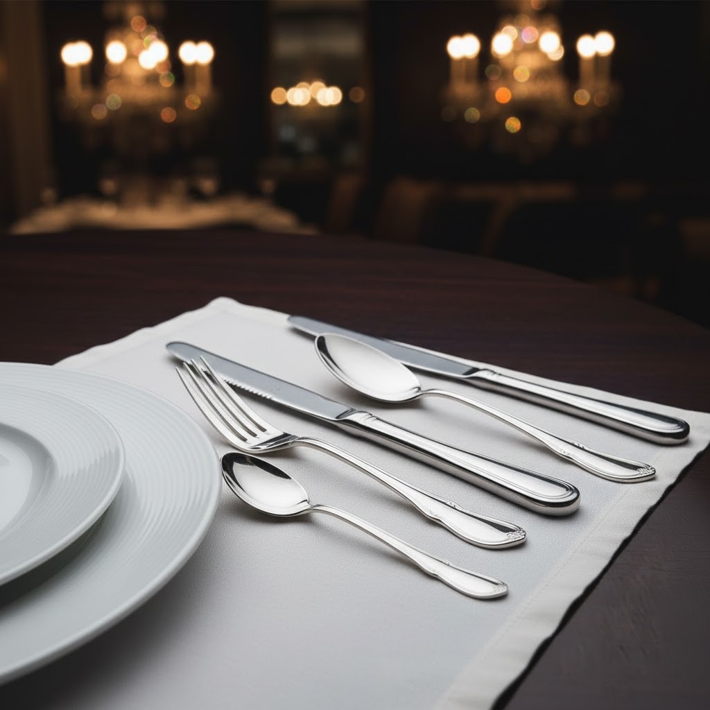et tacâmuri din inox premium PIM MOOD, veselă elegantă cu finisaj oglindă, închiriere tacâmuri pentru nunți și evenimente